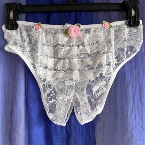 White & Pink Full Lace Crotchless Plus Size Panties. 26" to 36" with Roses - Picture 2 of 5